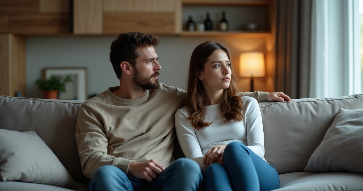 Casal sentado afastado em um sofá com expressões de tristeza 