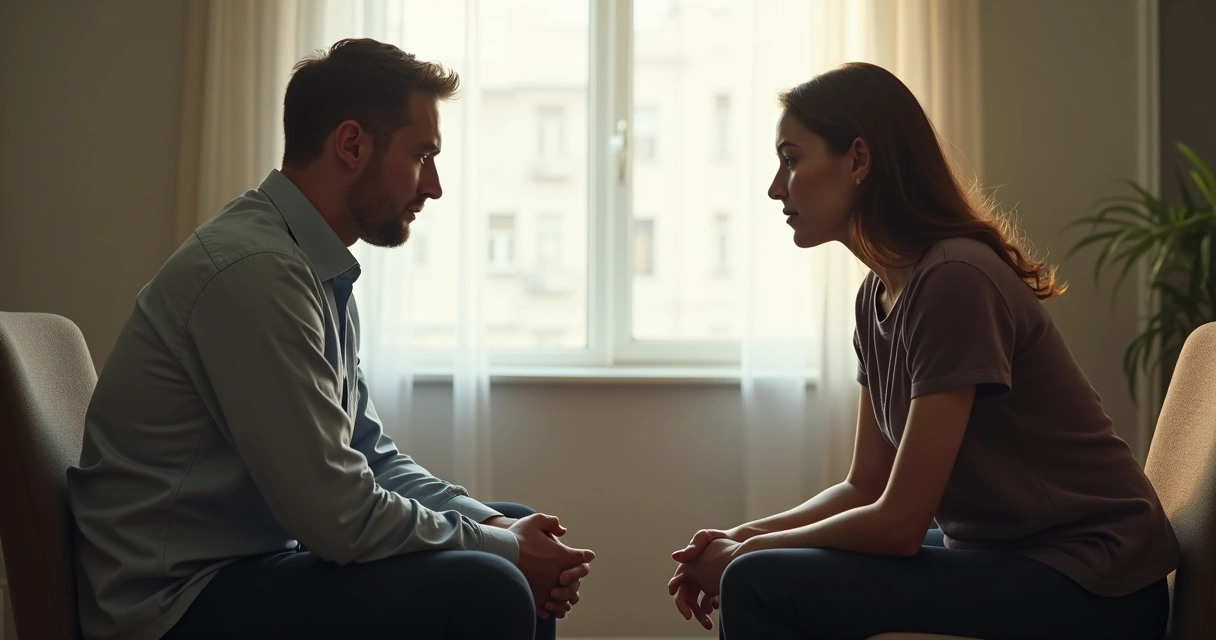 Duas pessoas sentadas em lados opostos de uma sala, ambas com expressões neutras, enquanto a luz natural entra pela janela ao fundo. 