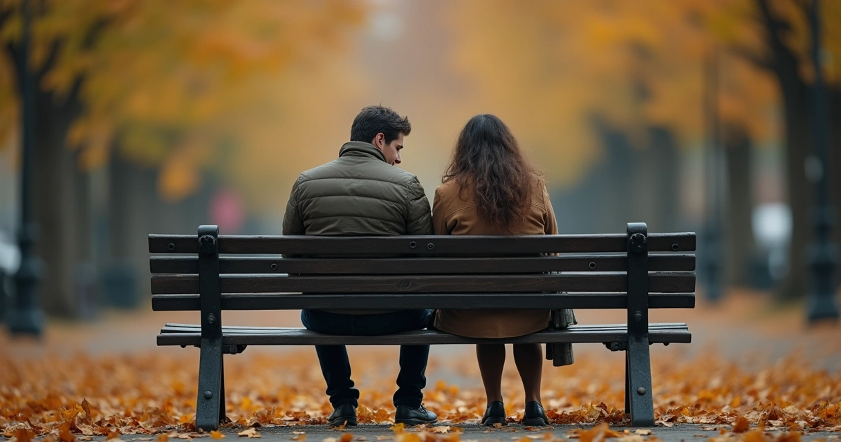 Casal sentado distante em um banco de parque, olhando em direções opostas 