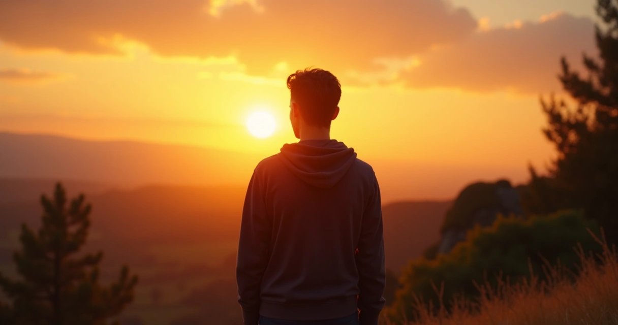 Persona de espaldas mirando el atardecer en un paisaje tranquilo 