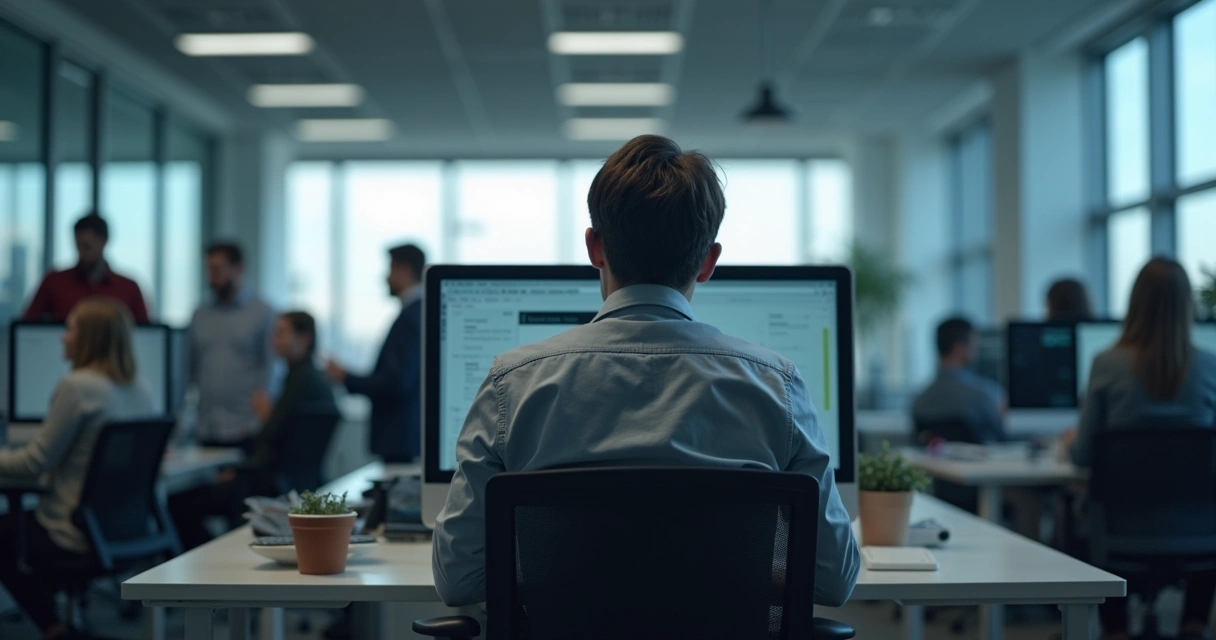 Person sitting at work desk staring blankly at computer, disengaged 