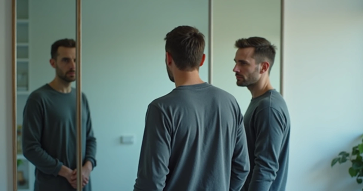 Pessoa diante de espelho com reflexo fragmentado representando distorção de memória e autoimagem 