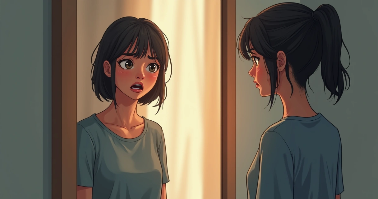 Ilustración de una mujer mirando al espejo y su reflejo muestra emociones distorsionadas.