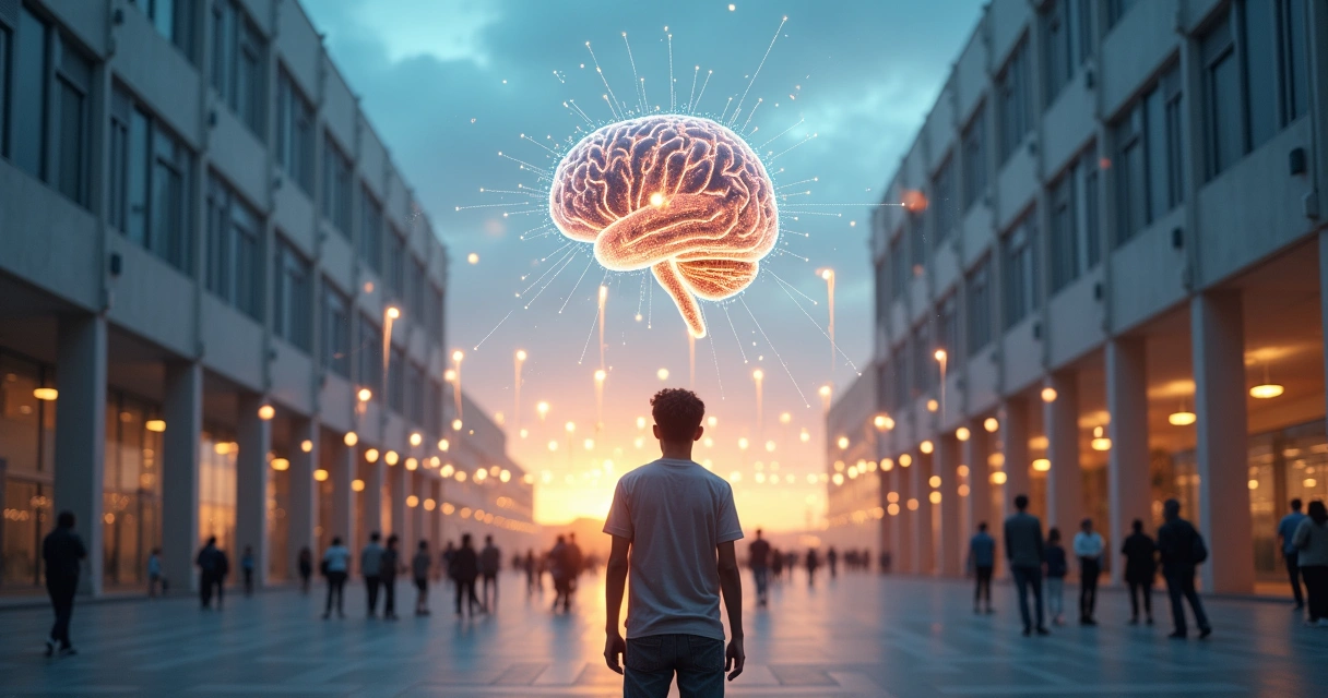 Persona observando múltiples caminos sociales conectados a un cerebro iluminado 