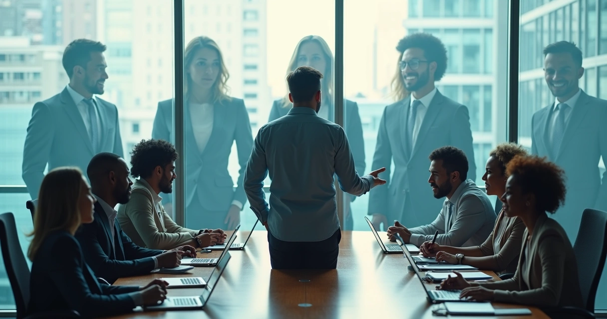 Leader at head of table with fragmented reflections of team members 