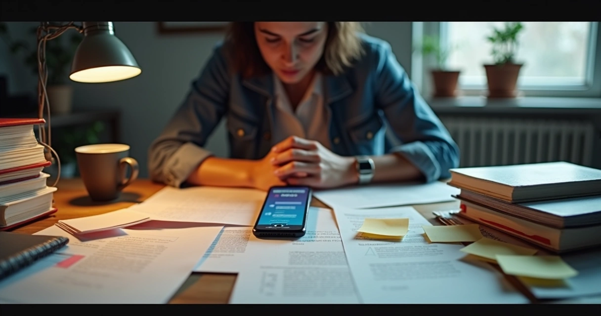 Pessoa tentando estudar com diversos papéis, celular e objetos ao redor em ambiente bagunçado. 