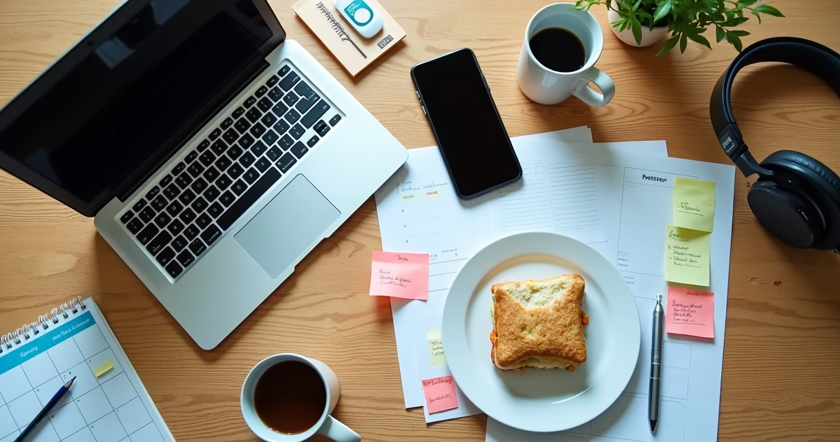 Cluttered desk with laptop, phone, and papers showing multitasking 