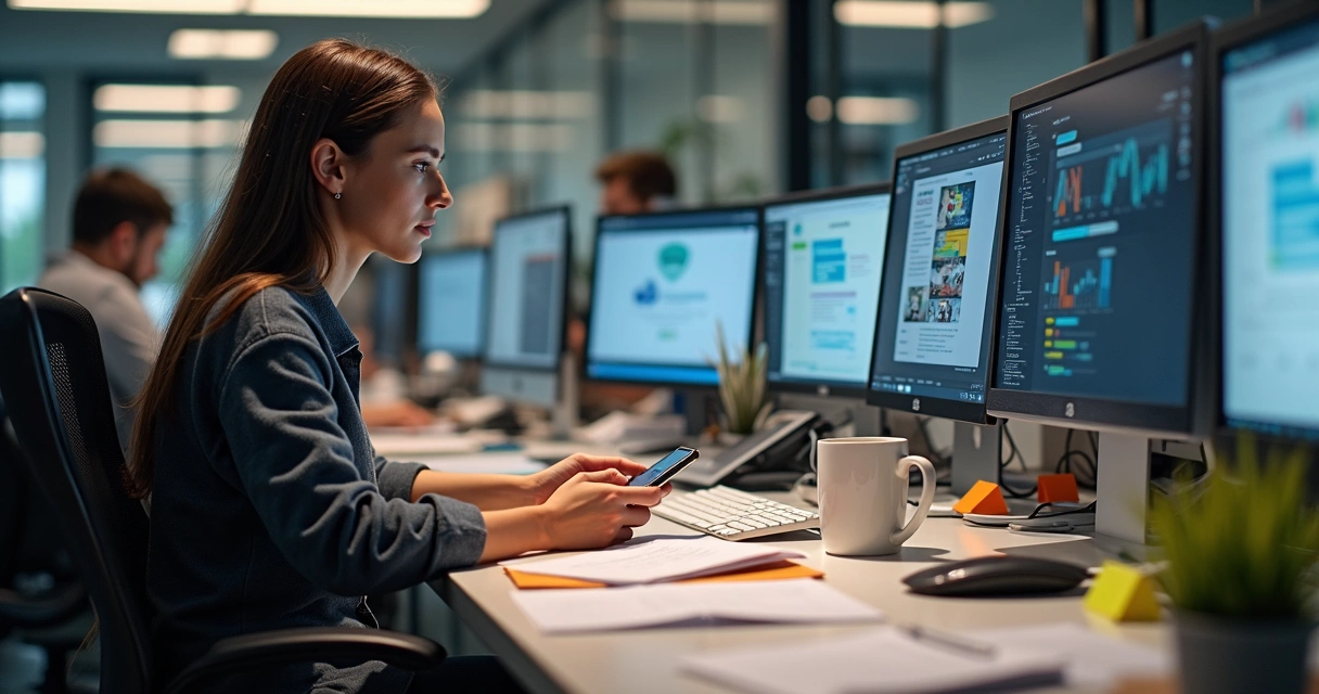 Man distracted at desk with screens and smartphone