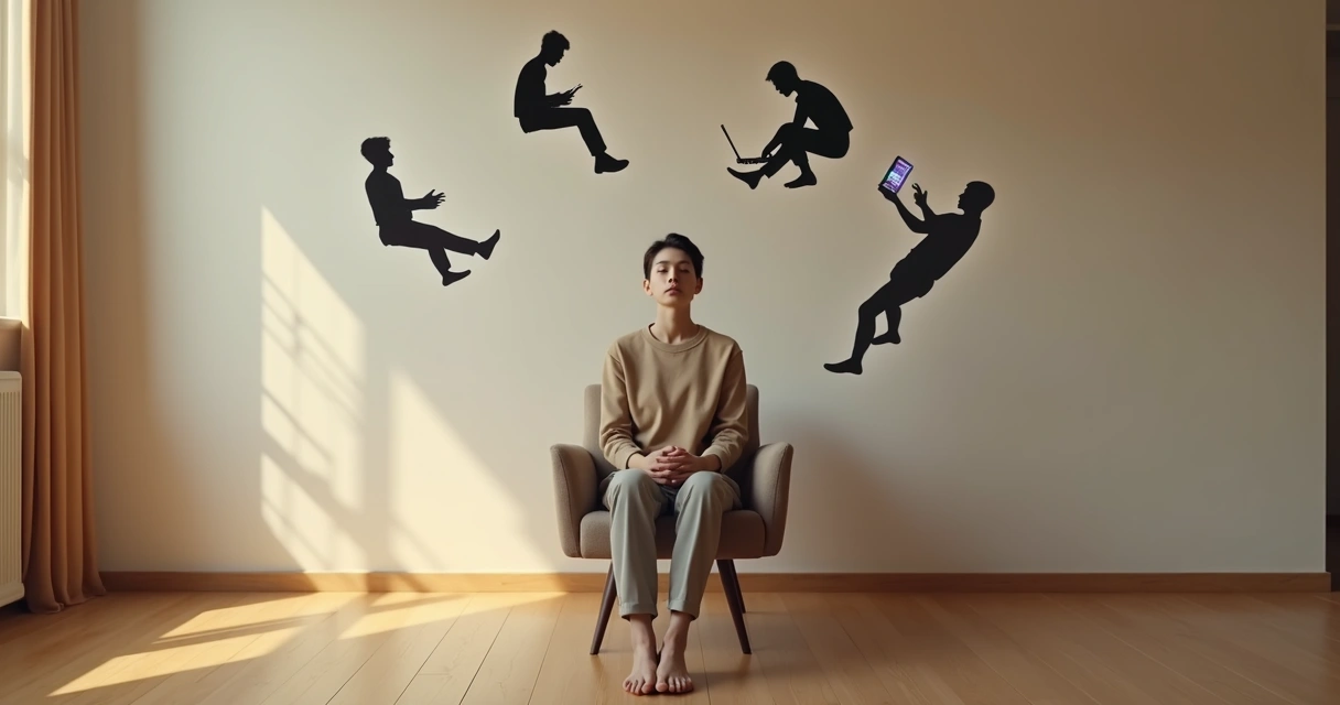 Person in calm room surrounded by frozen fragments of digital and mental distractions 