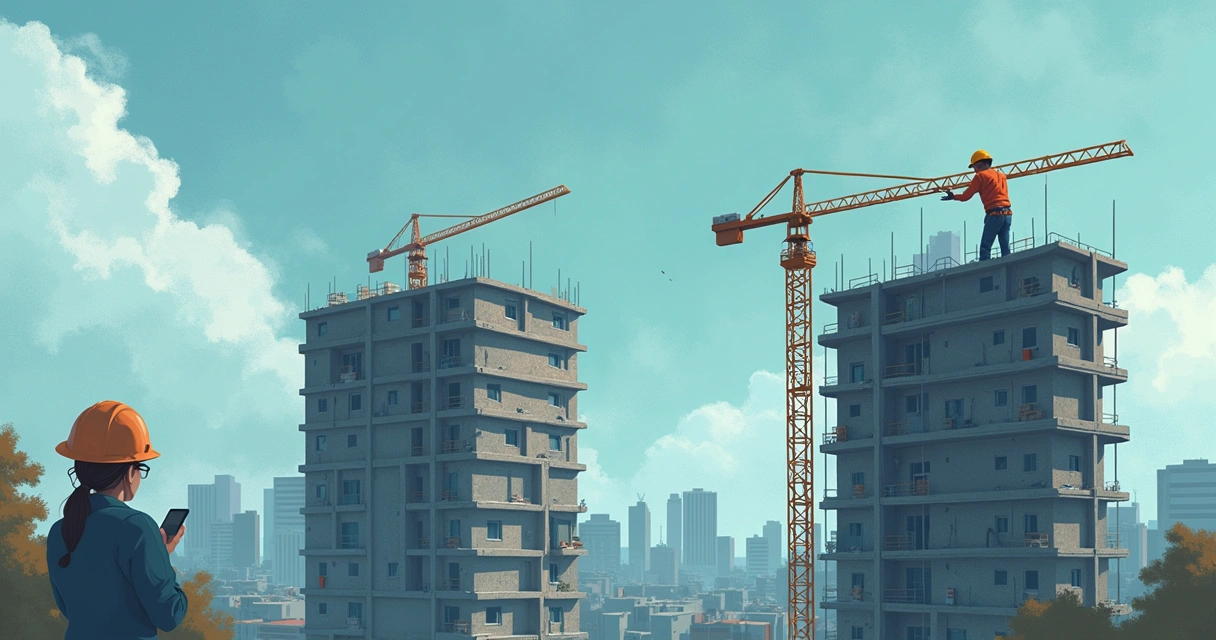 Um trabalhador em canteiro de obras com contrato, enquanto mulheres refletem sobre mudanças e atrasos, cenário urbano nublado.
