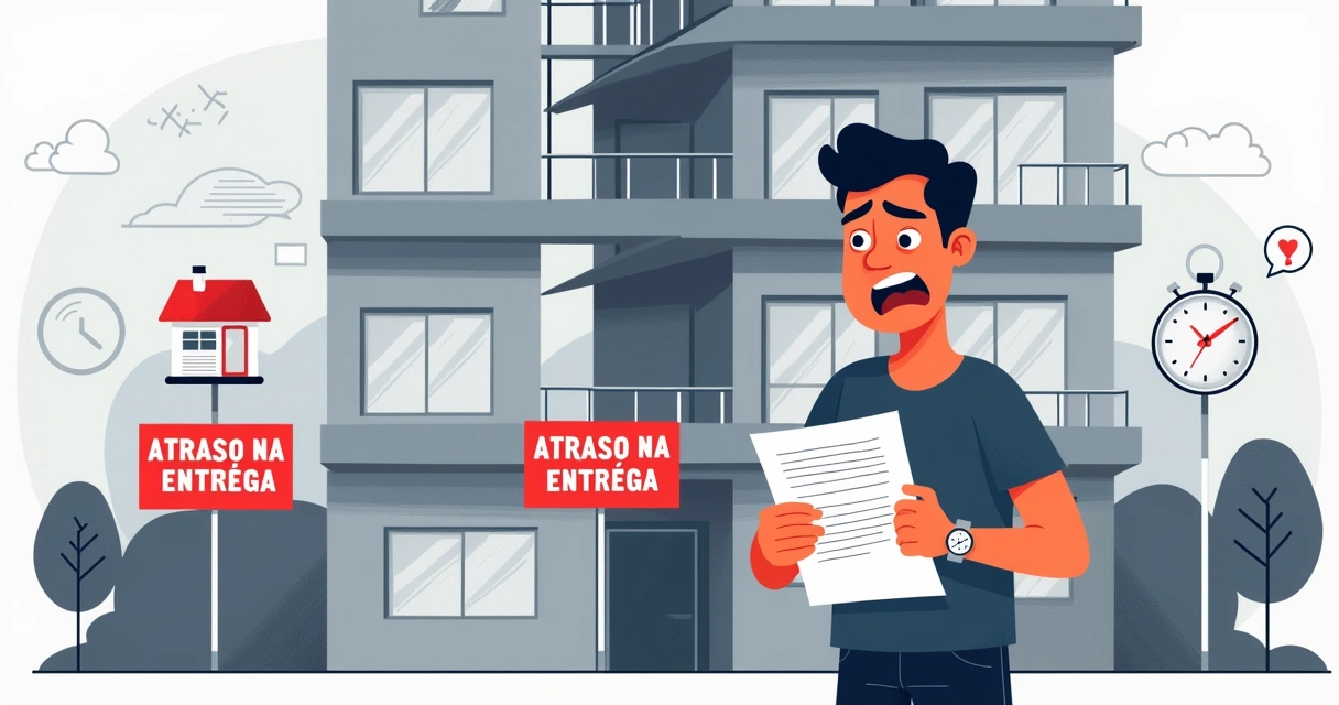 Pessoa frustrada fora de um prédio com sinal de atraso, segurando um contrato e checando o relógio.