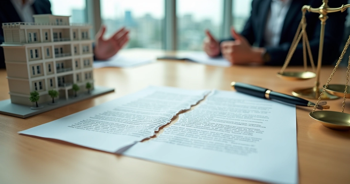 Contracheque rasgado entre maquete de prédio e contrato imobiliário na mesa 