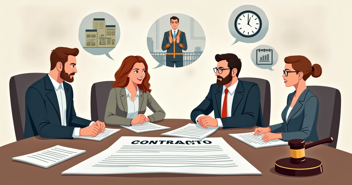 Ilustração de um contrato de distrato imobiliário com documentos e personagens discutindo em um escritório.