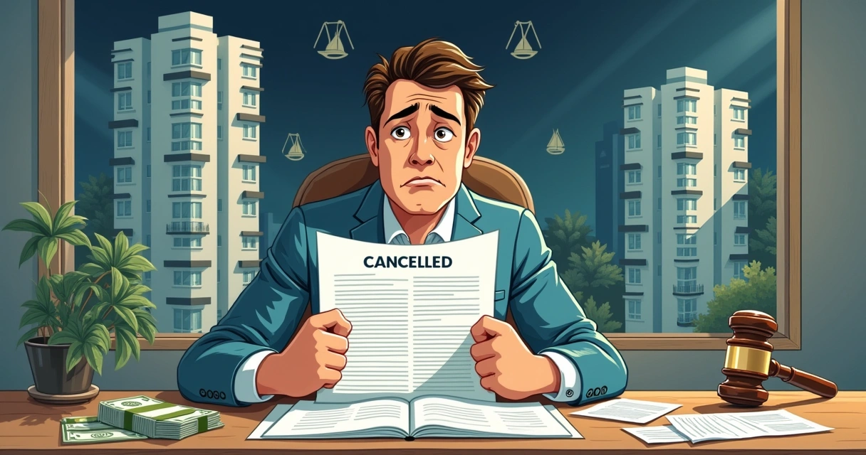 Ilustração sobre distrato imobiliário: homem com contrato cancelado, prédio ao fundo, símbolos legais e de dinheiro.