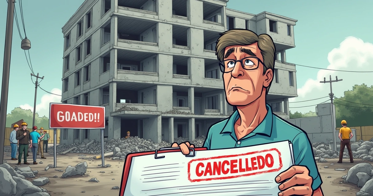 Comprador frustrado diante de um prédio inacabado com contrato e sinal de 