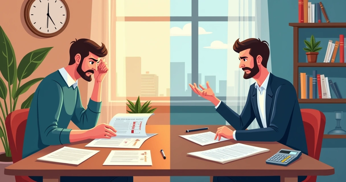Ilustração de um processo de distrato imobiliário com um proprietário frustrado e um advogado amigável explicando. 
