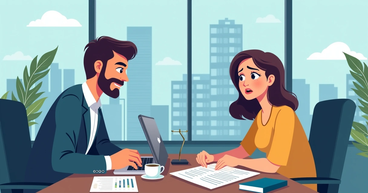 Cena de um casal analisando documentos sobre distrato imobiliário em um escritório.