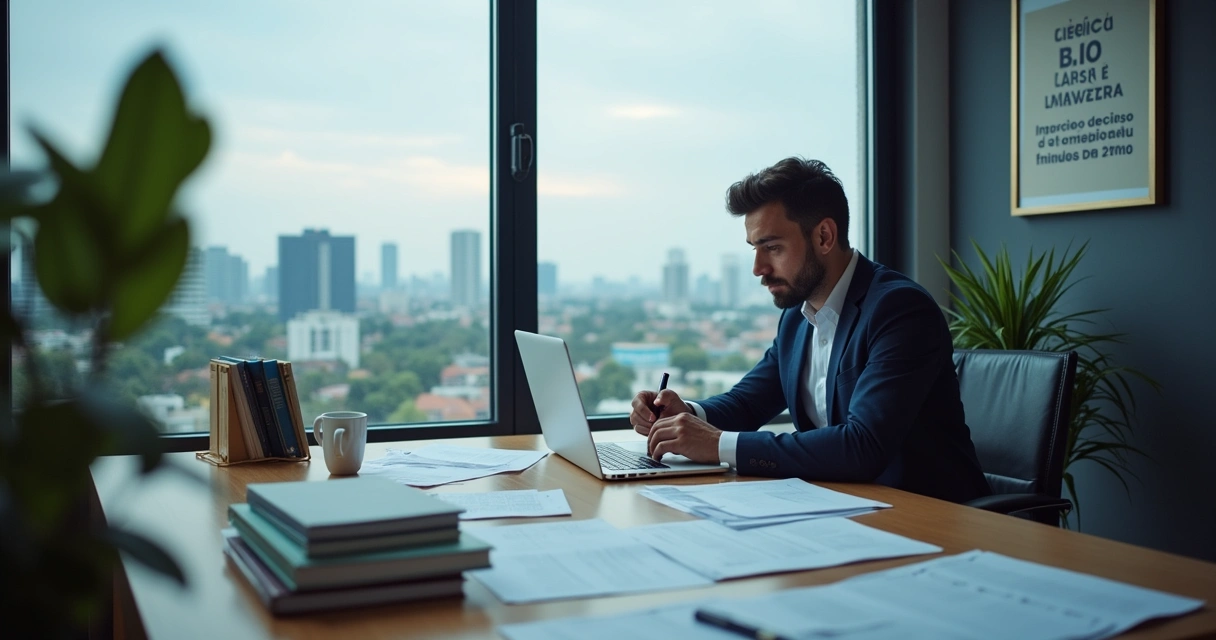 Homem revisando documentos de distrato de imóvel em escritório moderno, com vista da cidade ao fundo.