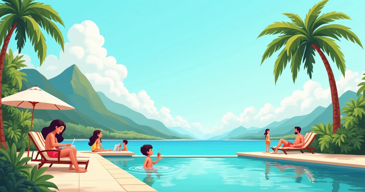 Ilustração de um cenário de distrato de multipropriedade com uma família em um resort tropical, com uma pessoa ponderando sobre o contrato.