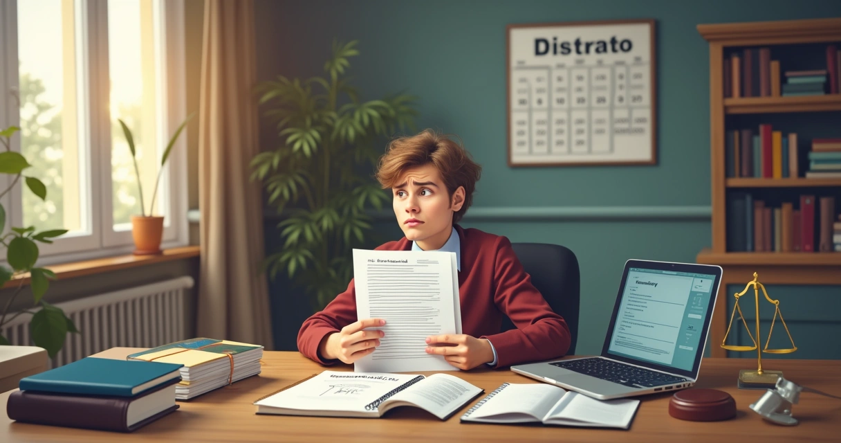 Uma pessoa confusa segurando um contrato em um escritório tranquilo com livros e notas sobre direitos.