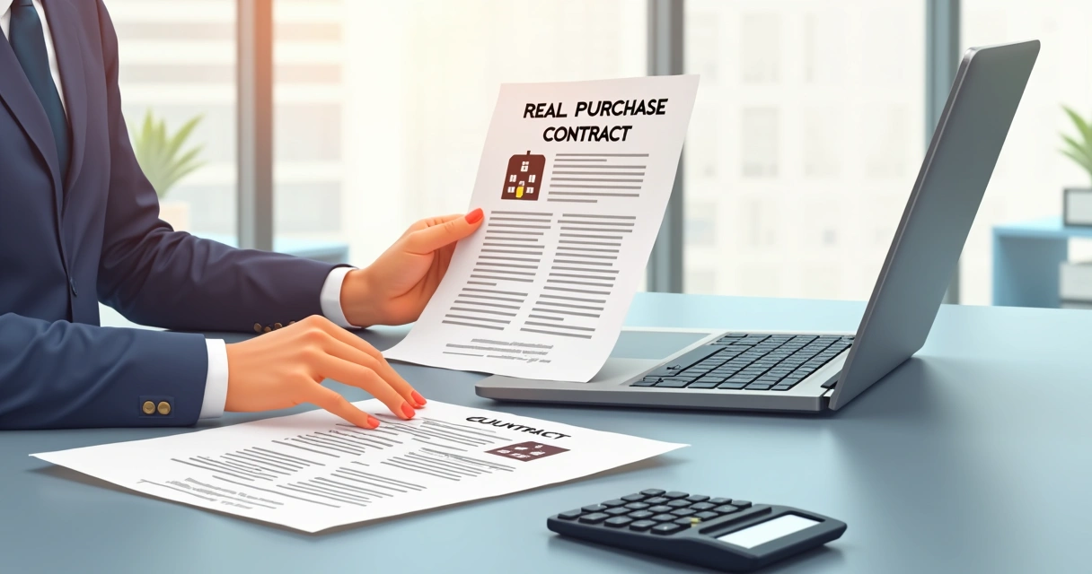 Pessoa analisando contrato imobiliário e documentos em uma mesa de escritório 