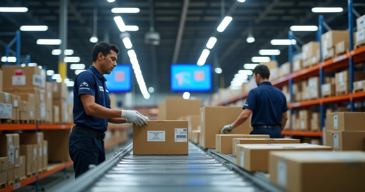 Centro de distribuição automatizado com caixas, esteiras e equipe trabalhando de forma sincronizada 