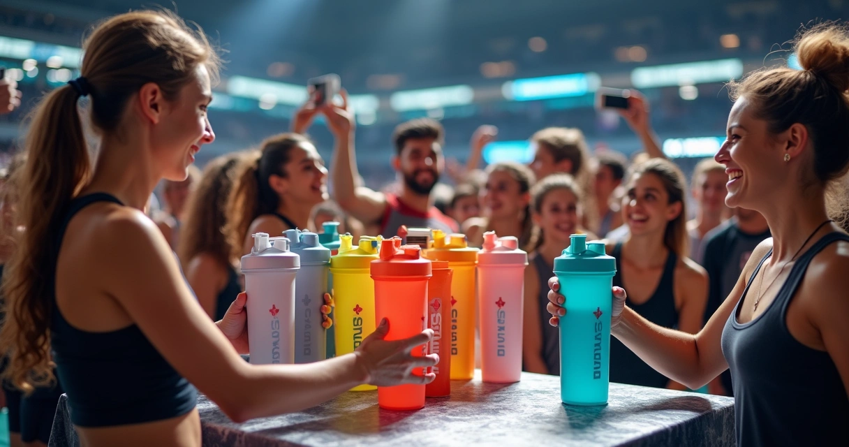 Pessoas recebendo brindes fitness personalizados em evento esportivo 