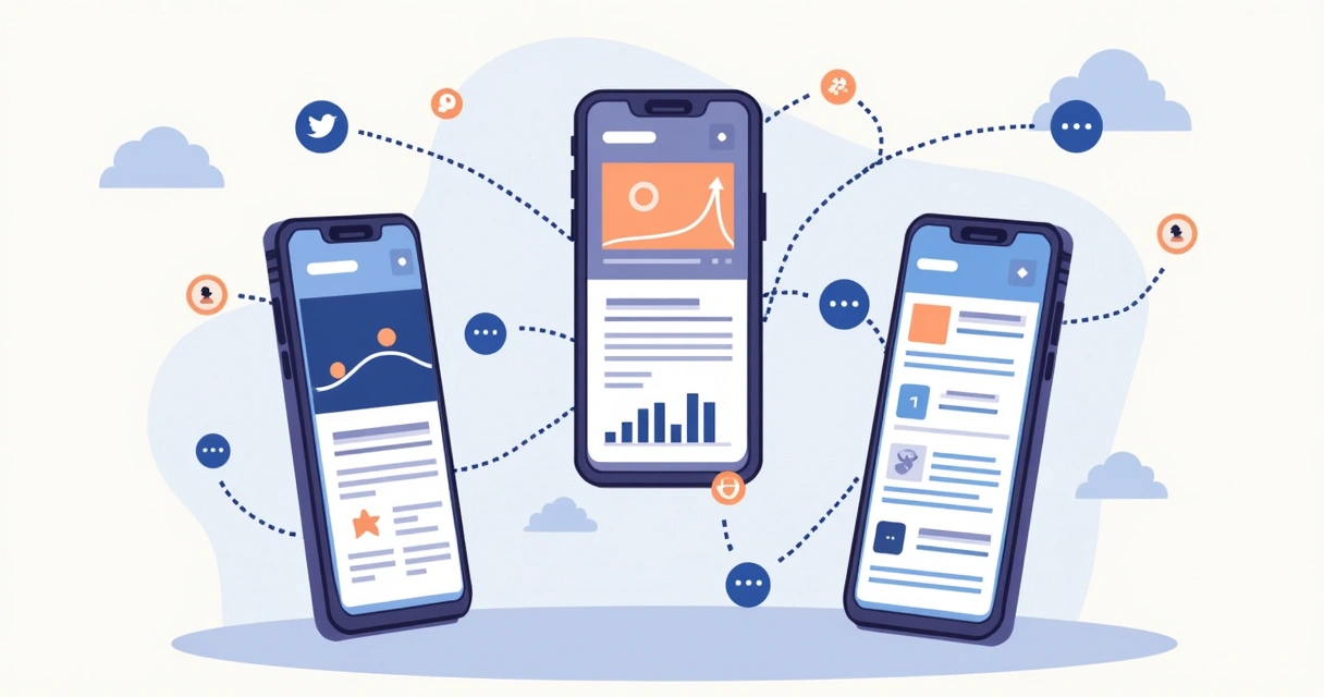 Celulares mostrando publicações distribuídas em várias plataformas sociais