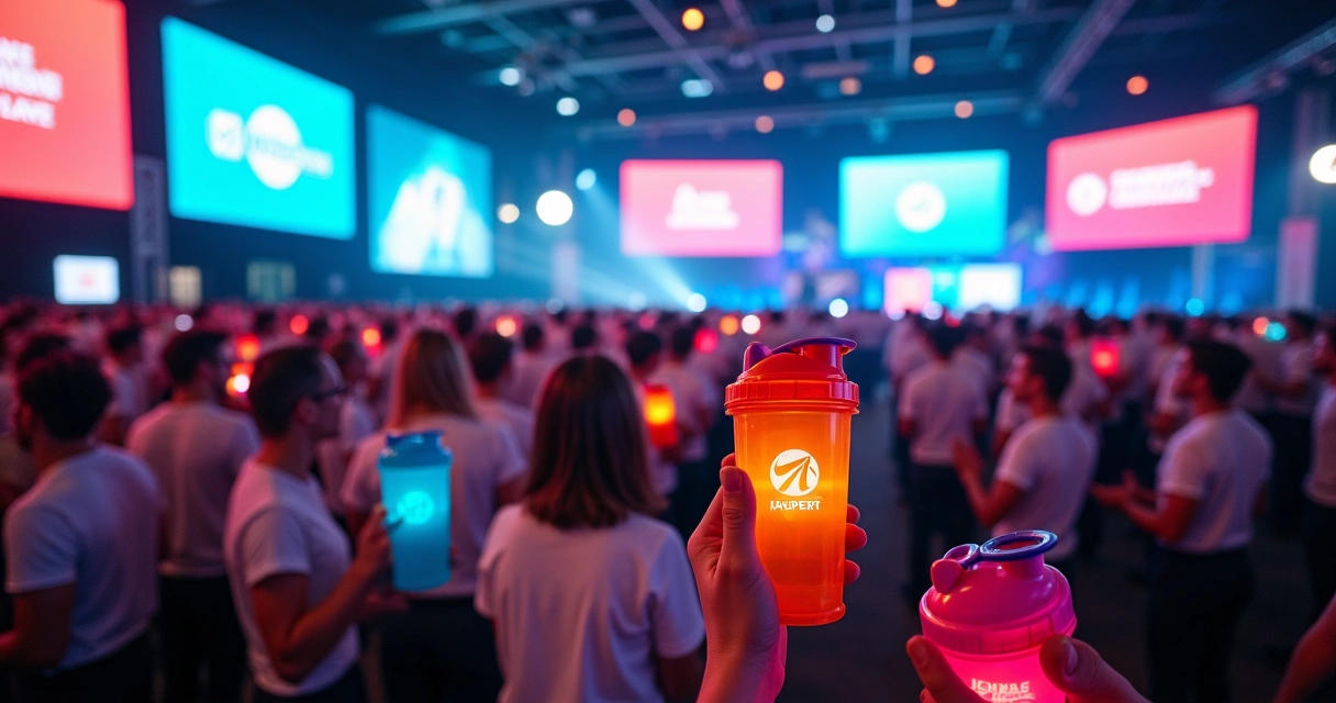 Distribuição de coqueteleiras personalizadas em evento corporativo