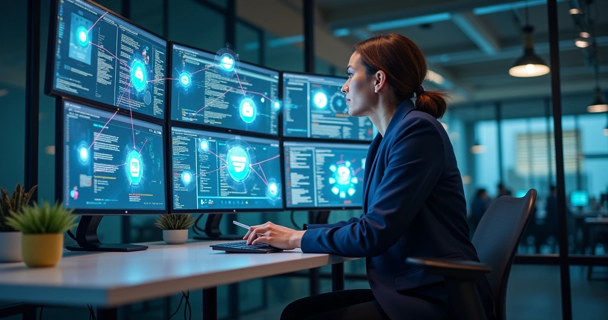 Pessoa distribuindo conteúdos digitais para múltiplas plataformas conectadas 