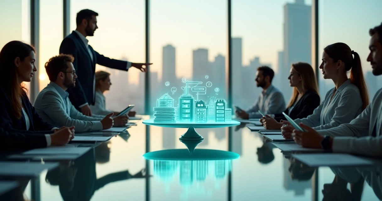 Gestor imobiliário distribui leads de forma equilibrada entre corretores em uma sala de reunião moderna 