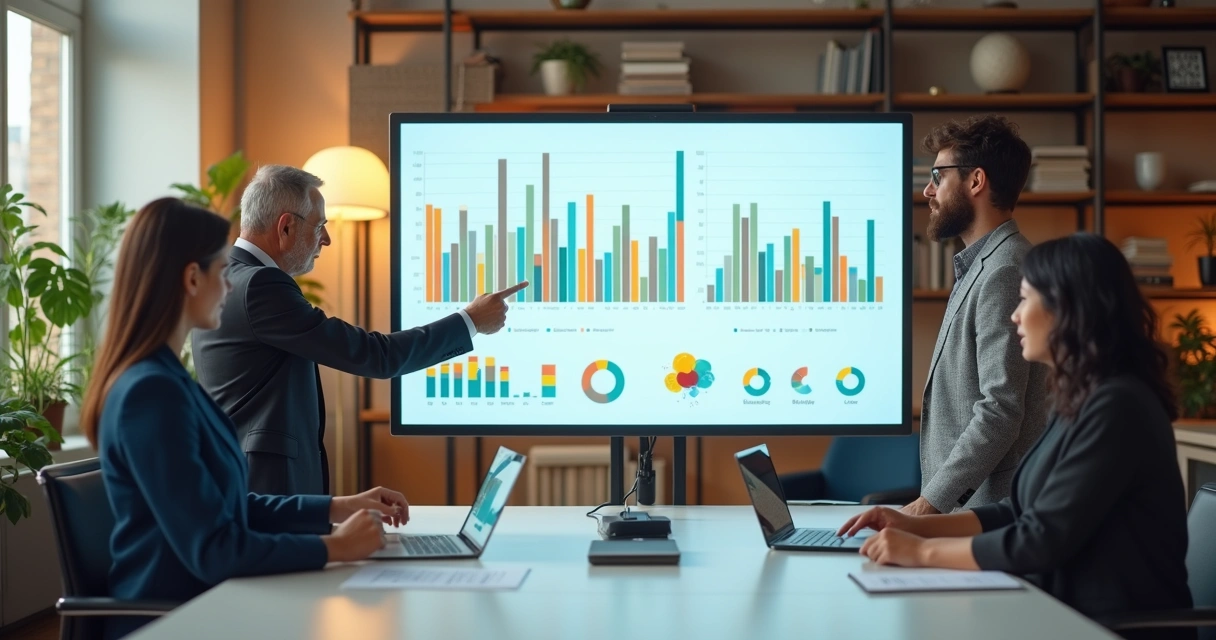Ilustração de uma equipe visualizando a distribuição dos Key Results por pessoa na tela de um computador