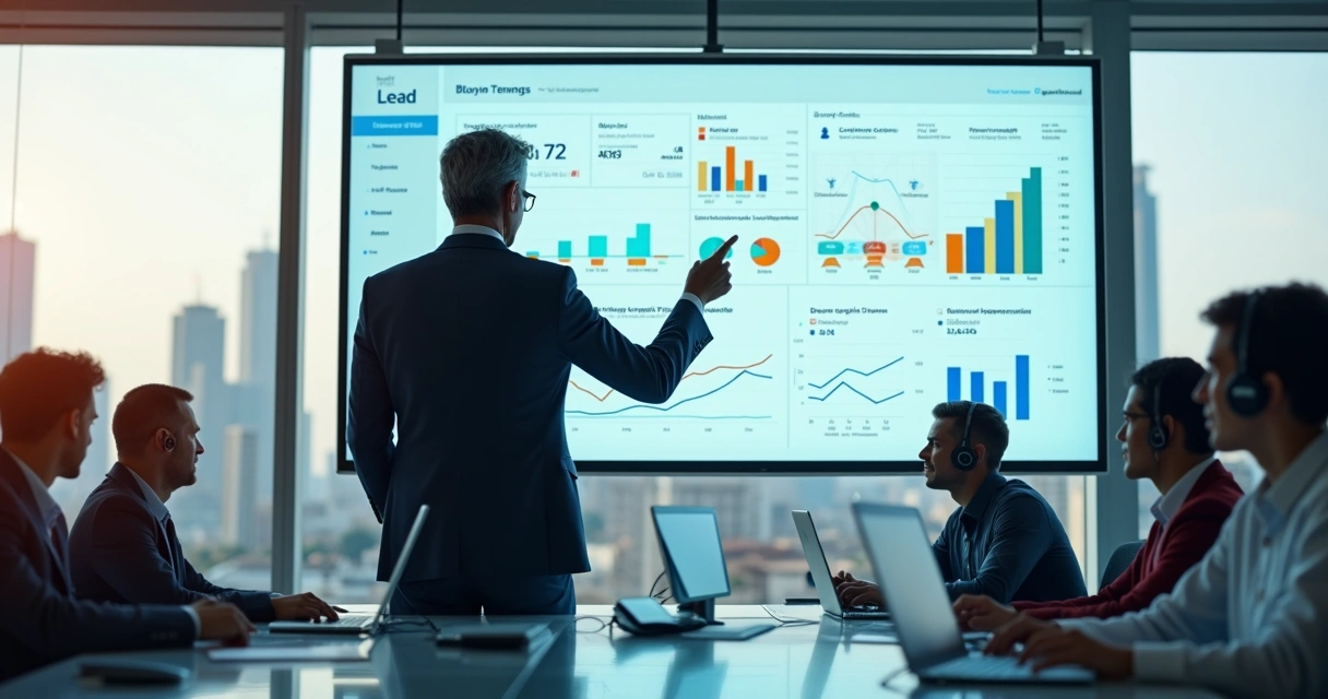 Gestor imobiliário analisando distribuição de leads em painel digital com equipe de vendas ao fundo 