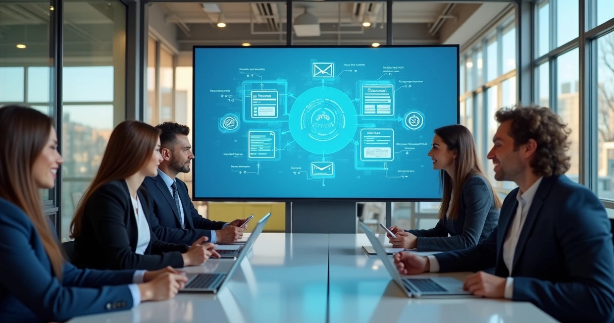 Equipe de corretores reunida em uma mesa, analisando leads em um painel digital 