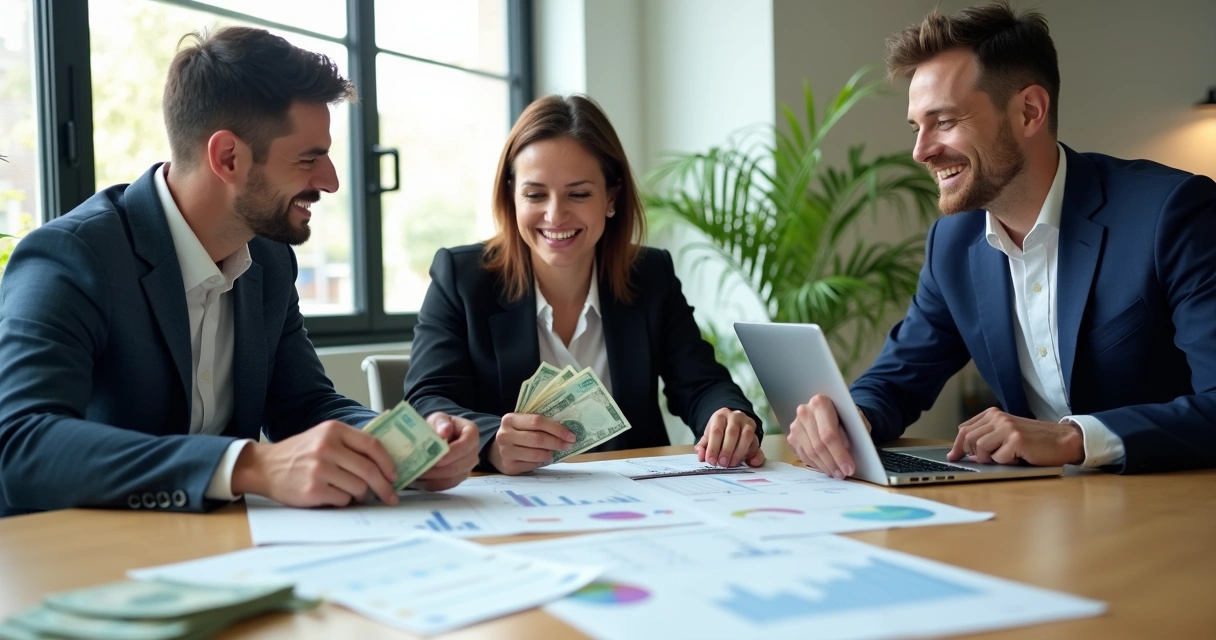 Sócios sentados à mesa analisando documentos de lucros e relatórios financeiros