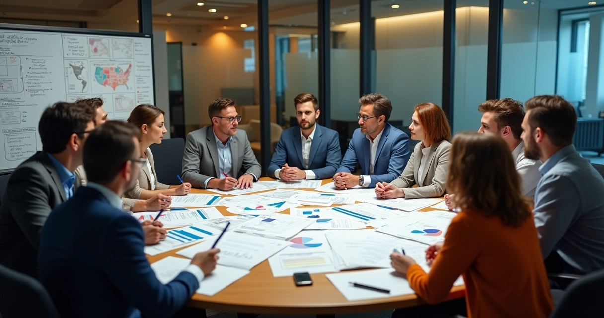 Grande equipe reunida em mesa redonda, discutindo papéis e responsabilidades 