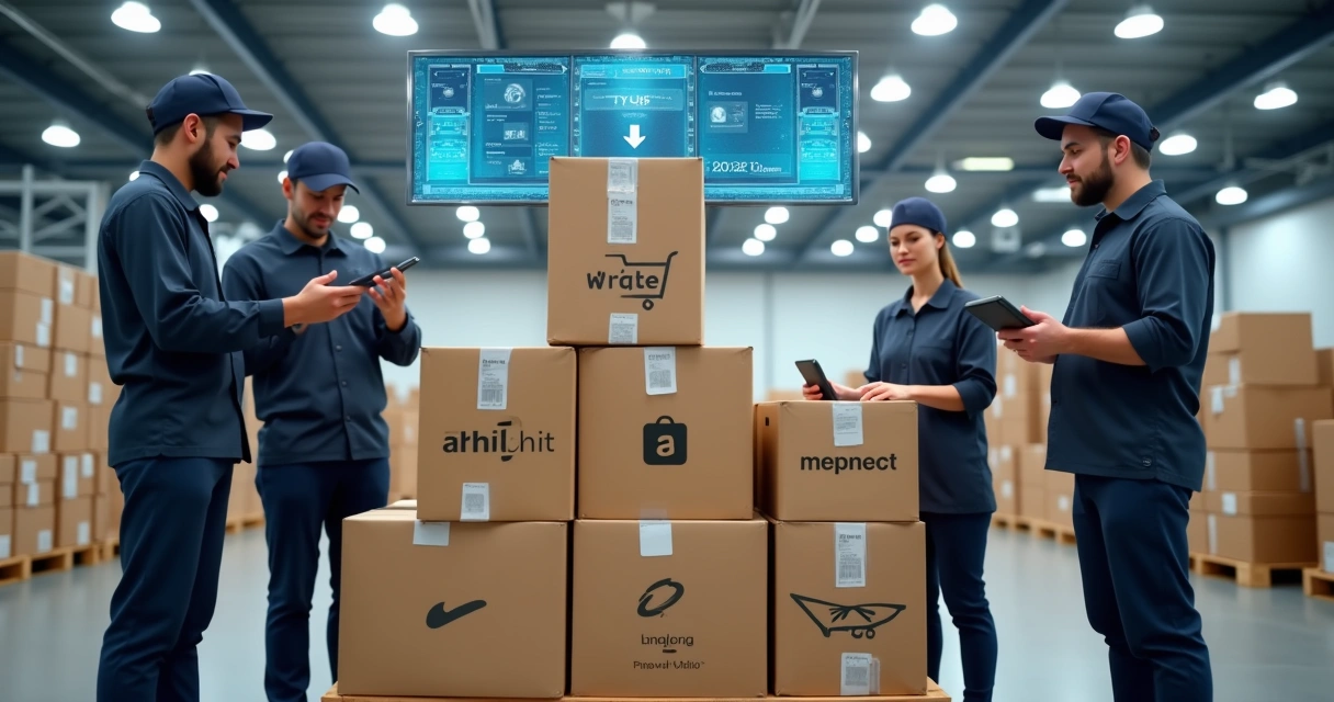 Equipe de logística conferindo pedidos prontos para distribuição