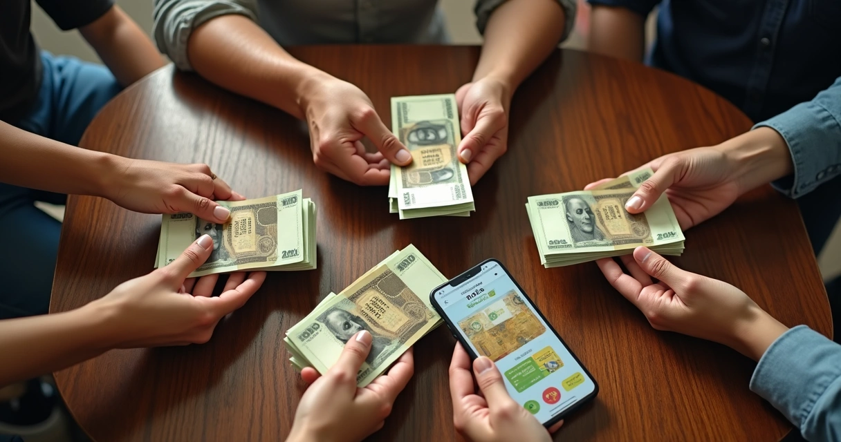 Mãos entregando dinheiro em cédulas para diferentes pessoas sentadas em uma mesa. 
