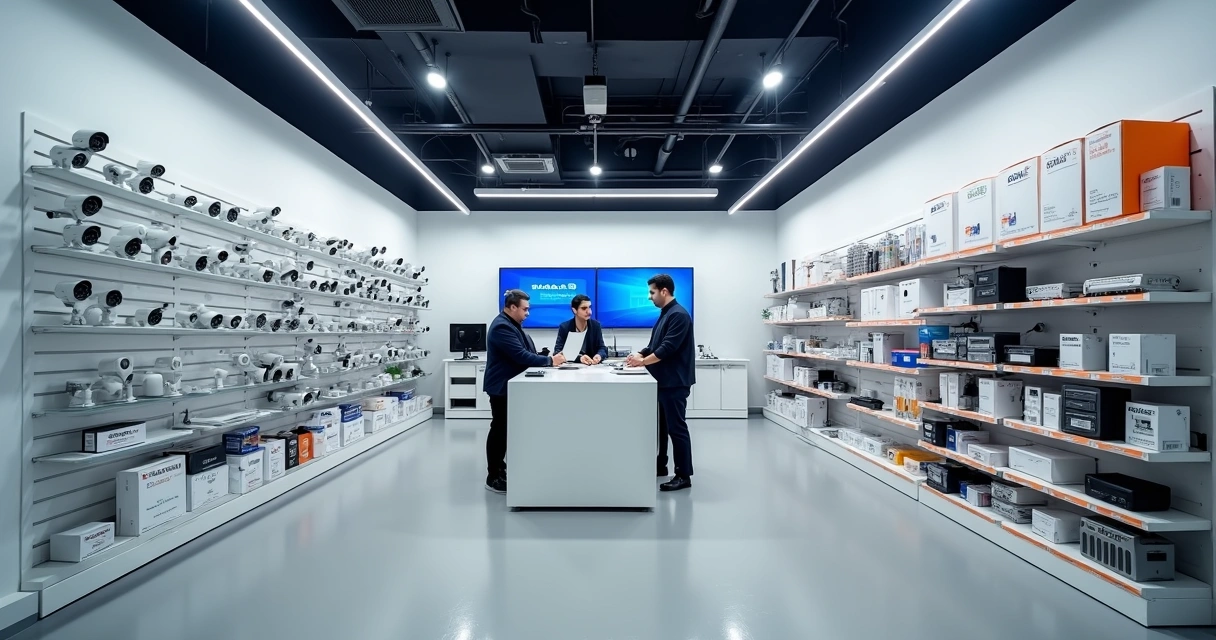 Loja de distribuidora de segurança eletrônica com câmeras de segurança em destaque 