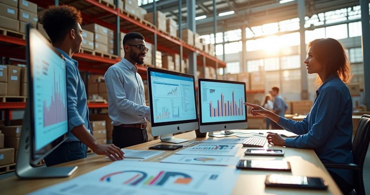 Equipe de distribuição analisando software de gestão em múltiplas telas 