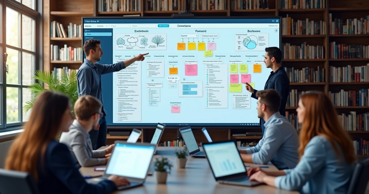 Distributed software team brainstorming with digital whiteboard and cloud diagrams 