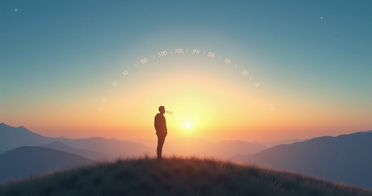 Human silhouette on hilltop exhaling softly as sun travels across the sky arc 