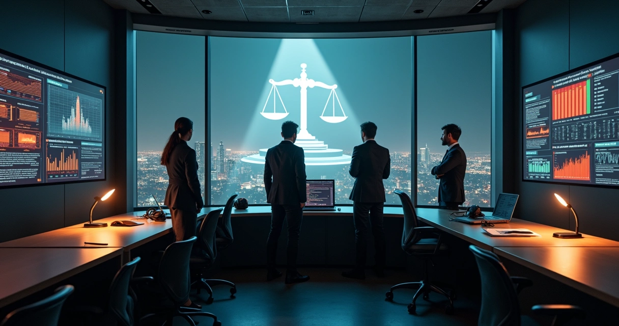 Executivos em sala de controle observando cidade à noite com holofote em forma de balança de justiça 