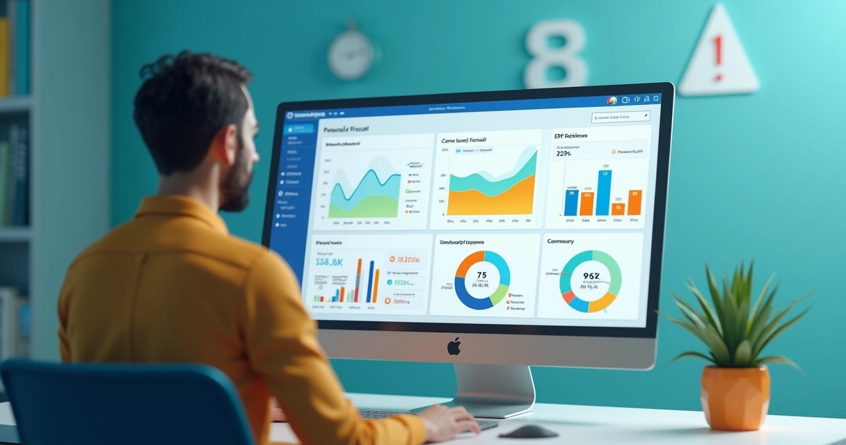 Modelo 3D de lojista consultando painel digital com gráficos fiscais e alertas de divergências 