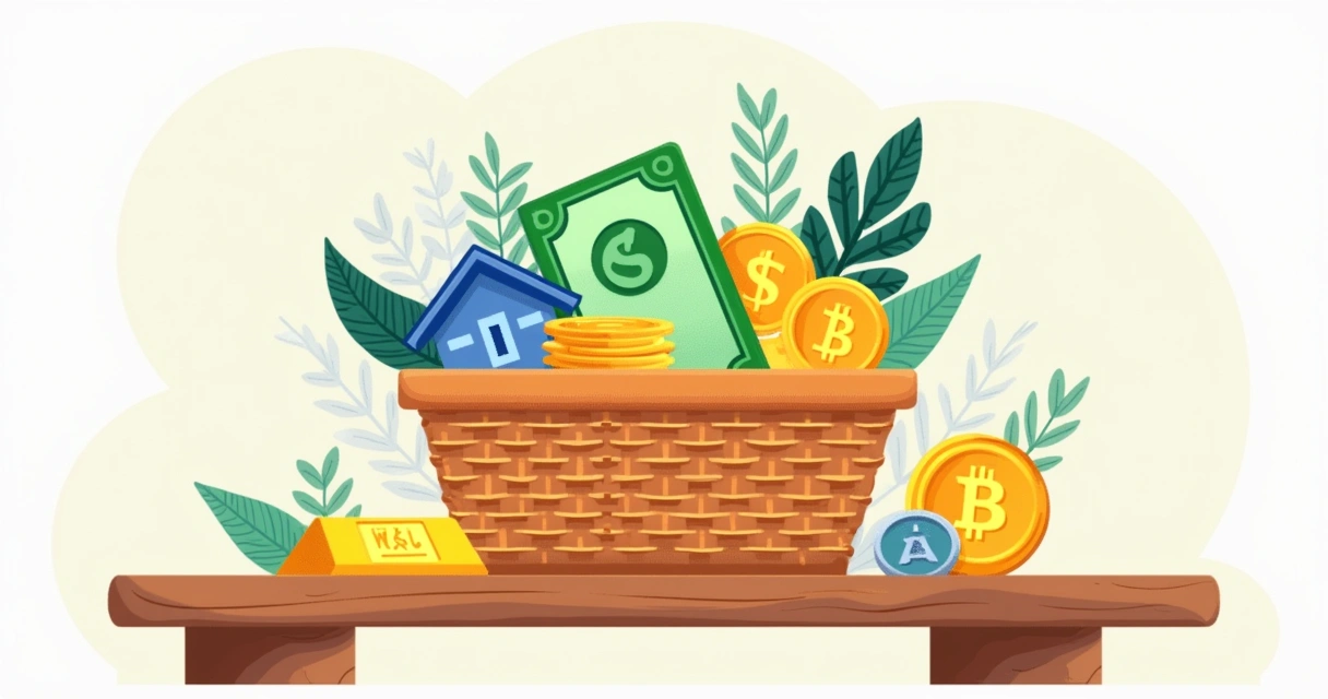 Illustration of a basket containing different financial asset symbols like stocks, bonds, real estate, gold, and digital currencies
