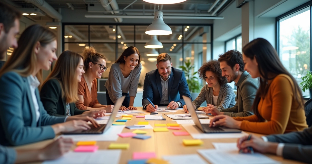 A group of diverse coworkers brainstorming in an open office space 