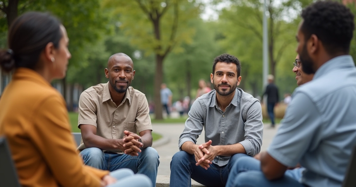 People from varied backgrounds sitting in a circle outdoors 