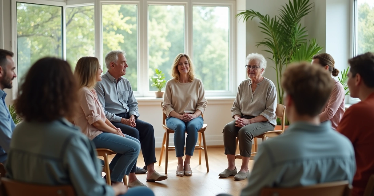 Diverse group sitting in a circle and listening during a calm discussion