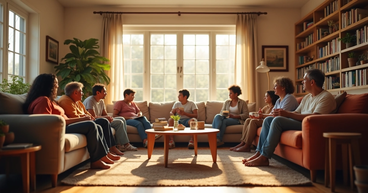 Family and friends sitting in a living room, talking calmly 