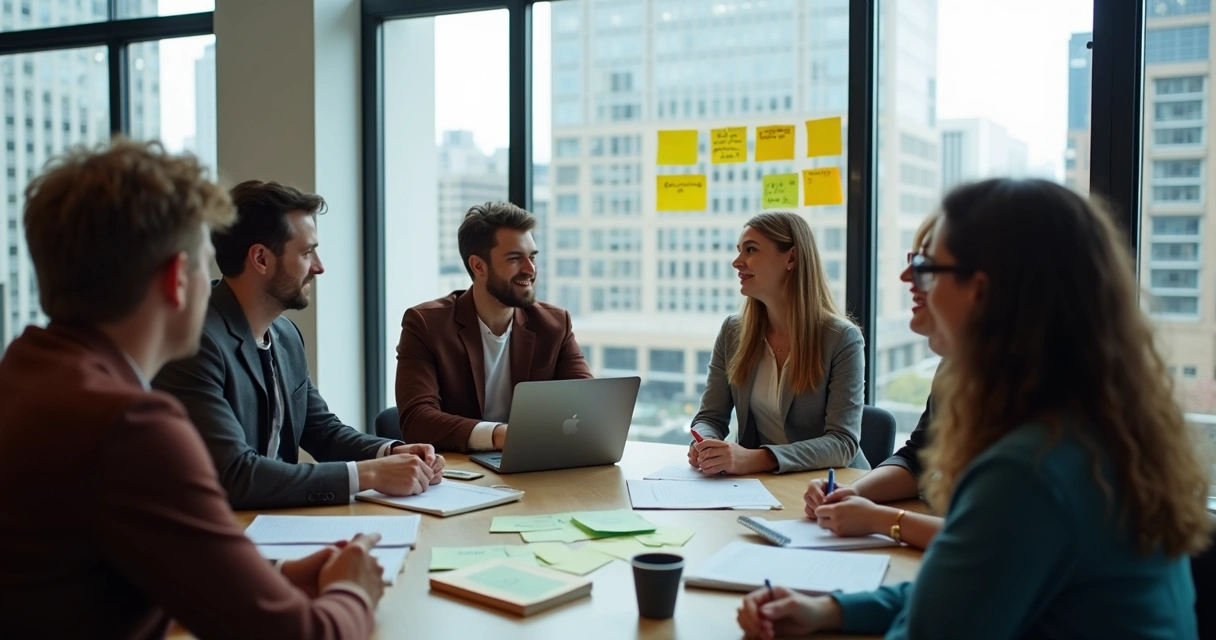 Diverse colleagues having a discussion and giving feedback in an office setting 